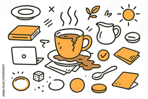 Tea Time Chaos. Tea time mishap. Hand-drawn doodle illustration chipped coffee mug (colored), tea leaves (colored), steam (colored), handle, saucer (colored),