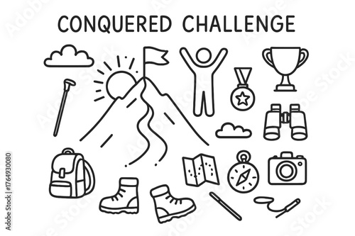 Mountain Victory Illustration. Conquered Challenge. Hand-drawn doodle illustration Conquered Challenge mountain peak, person celebrating, flag, trophy, medal,