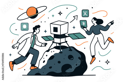 Asteroid Probe Landing. Space probes. Probe landing on asteroid surface with abstract floating lines, sparkles, and orbital paths; emphasizes scientific