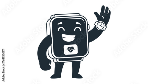 Animated Smartwatch: A friendly smartwatch character, designed with simple lines and minimalist style, waves hello.