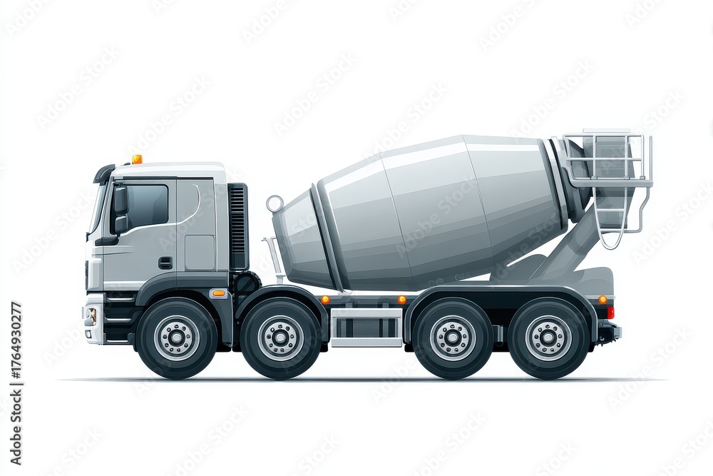 Fototapeta premium Industrial heavy goods vehicle featuring a rotating drum for mixing construction materials is shown in profile