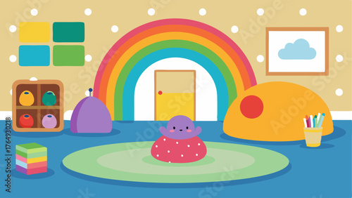 A childrens playroom with a rainbowcolored polka dot wall bean bag chairs and a toy chest filled with retro toys.
