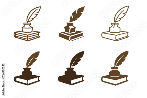 Logo Variations Grid. Books and Reading. Set Logo of Books and Reading: a quill and inkwell over a closed tome. harmonious logo variations of the