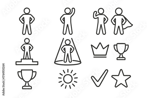 Victory Stance Icons. Victory stance. Line icon set of victory stance: person standing tall, arms on hips, raised fist, confident stance, superhero silhouette,