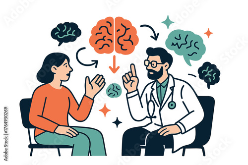 Neurology Consultation Art. Brain disorders and conditions. Patient talking to neurologist with abstract floating brain icons, arrows, and sparkles; conveys