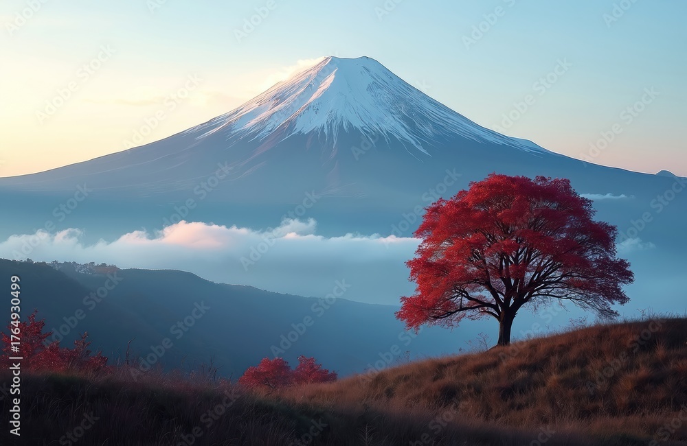 Fototapeta premium Majestic Mount Fuji peak covered in snow. Vibrant red maple tree on grassy hill. Soft mist flows through valleys. Golden sunrise casts warm glow across landscape. Peaceful autumn morning view. Iconic