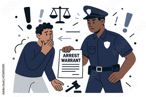Arrest Warrant Displayed. Warrant for arrest. Police officer showing arrest warrant to suspect with abstract floating exclamation marks, legal symbols, and