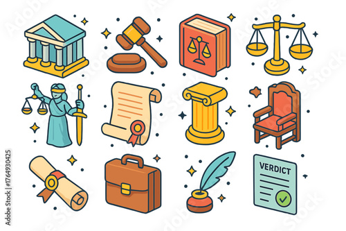 Colorful Justice Icons. Justice system symbols. Colorful isometric vector icons set of Justice system symbols: courthouse building, gavel, law book, scales of