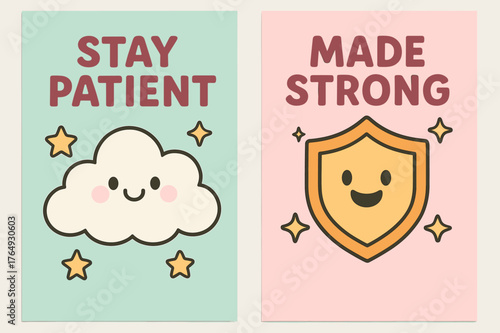 Stay Patient Banners. Patience & Power. Two vertical A6 banners with safe margins, centered composition, no elements touching edges, cartoon, pastel mint and