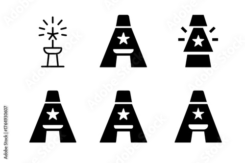 Logo Variations Showcase. New arrivals display. Set Logo of New arrivals display: pedestal stand with spotlight and starburst. Icon set. harmonious logo