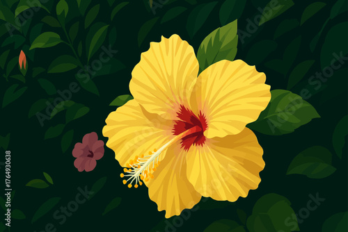 The image depicts a beautiful yellow hibiscus flower with a red center, surrounded by deep green leaves. The petals are soft and delicately shaded, showing a realistic texture with subtle lighting. Th