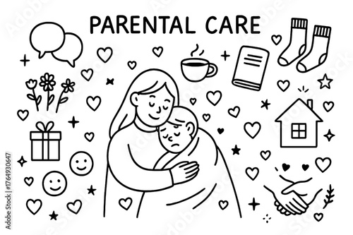 Parental Care Doodle. Parental Care. Hand-drawn doodle illustration Parental Care mom comforting child, hugging, heart, speech bubbles, cup of tea, blanket,