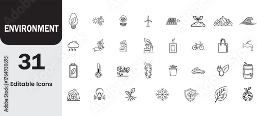 Collection of 31 hand drawn outline icons representing environmental conservation and sustainability concepts