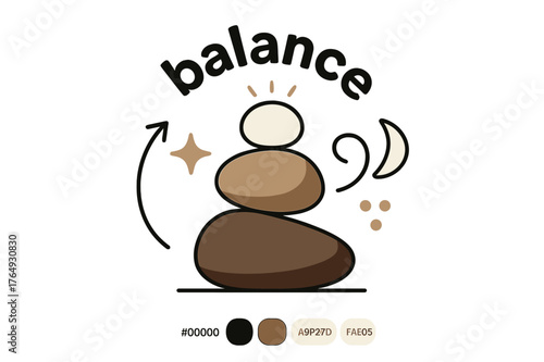 Stylized Pebble Balance. Pebble ? Balance Stack. Three stones arranged from large to small; faint glow around the top pebble. Caption ?balance? curves like a