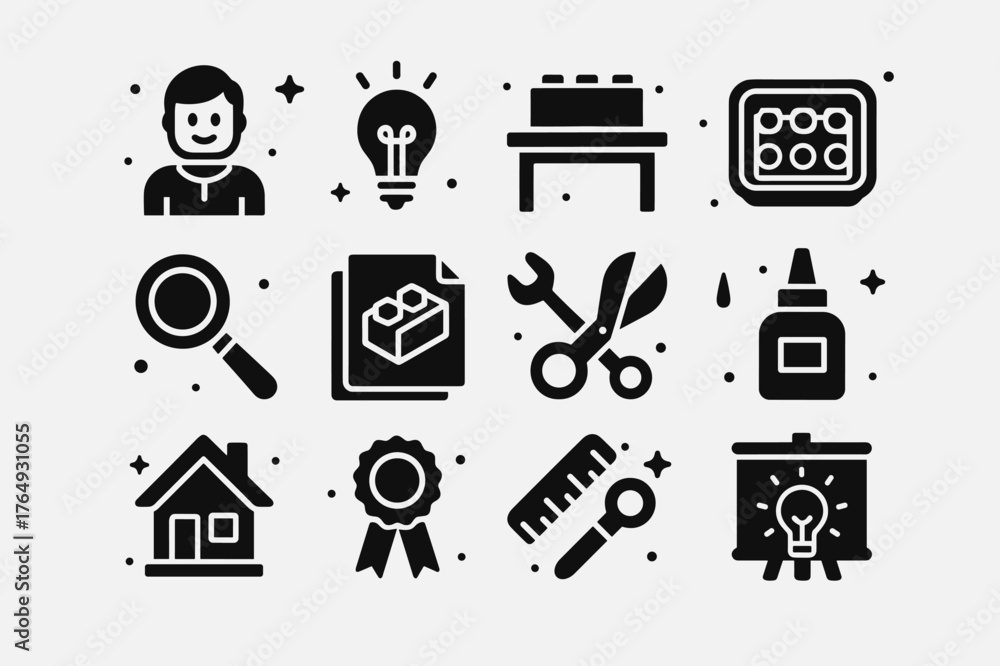 Fototapeta premium LEGO Creativity Icons. LEGO Creativity Workshop. Solid icons set of LEGO Creativity Workshop: instructor figure, lightbulb icon, build table, tray of bricks,