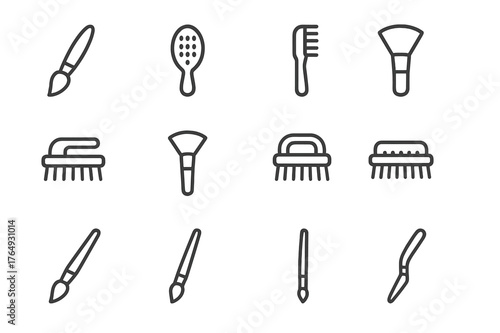 Brush Icon Collection. Brush. Line icon set of brush: paintbrush, hairbrush, toothbrush, makeup brush, cleaning brush, fan brush, nail brush, scrubbing brush,