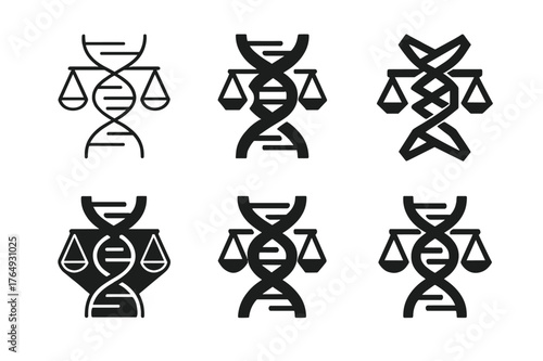 Bioethics Emblem Variations. The ethics of cloning and creating synthetic organisms. Set Logo of bioethics: DNA double helix with scale. Icon set. harmonious