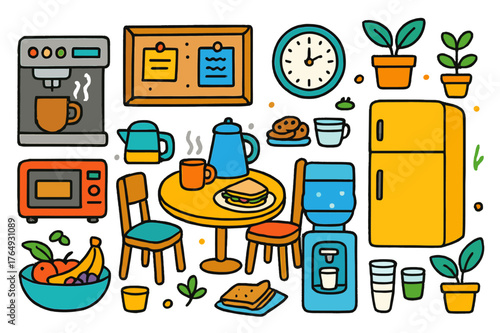 Office Break Room Doodles. office break room. Colorful Hand-drawn doodle Children illustration office break room coffee machine, microwave, fridge, water