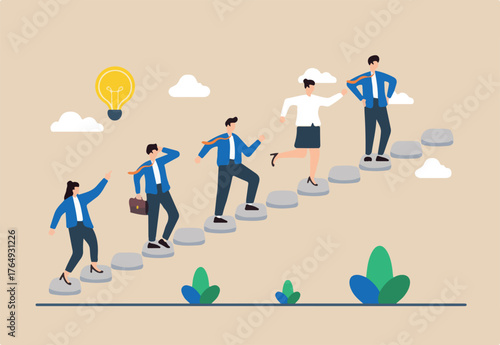 Flat illustration of team constructing path with stepping stones, symbolizing gradual progress
