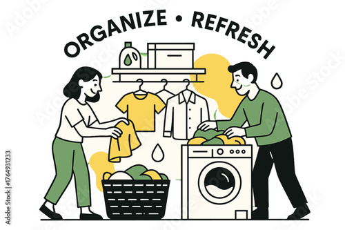 Laundry Room Chic. Sorting Clothes in a Laundry Room. A minimalist interior?open shelves, baskets, hanging rail. Floating icons show detergent drops and