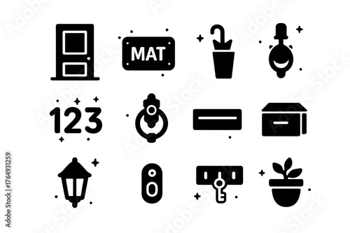 Entryway Porch Icons. Entryway Porch. Solid icons set of Entryway Porch: front door, doormat, boot scraper, umbrella stand, house numbers, door knocker, mail