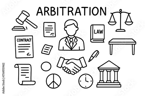 Arbitration Tools Illustration. Arbitration. Hand-drawn doodle illustration arbitration judge?s gavel, contract, balance scale, mediator, law book, table,