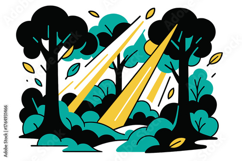 Silent Forest Glow. Silent Forest. Sunlight filtering through dense forest with floating abstract geometric light rays and leaves, peaceful and tranquil