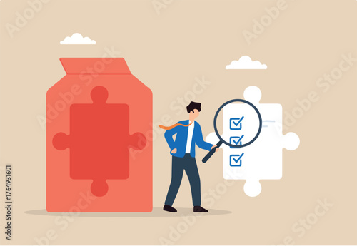 Flat illustration of quality control manager using magnifying glass to find missing checklist piece in puzzle shaped product