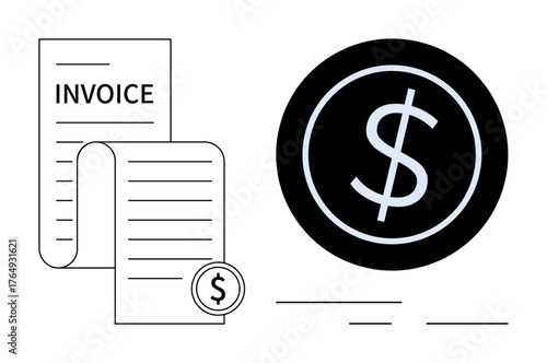 Invoice document with detailed lines and a dollar sign coin next to it. Bold dollar sign in a black circle. Ideal for finance, accounting, business, payments, billing, expenses, commerce simple flat