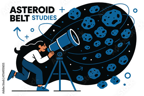 Asteroid Research Exploration. Asteroid belt studies. Telescope pointing towards asteroid belt with floating asteroids and abstract orbit lines; conveys