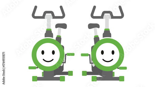 Gym Equipment Smileys: Two stationary bikes sporting cheerful smiley faces, poised for a delightful workout routine.