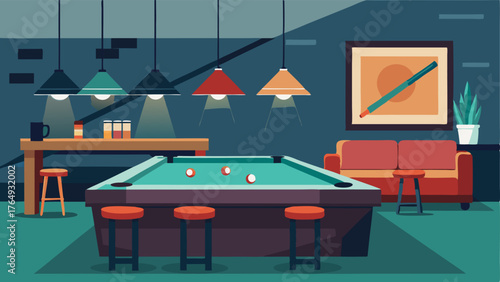 A game room with a pool table a bar area with a concrete countertop and a mix of comfortable seating.