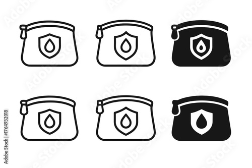 Diverse Cosmetic Logos. cosmetic bag. Set Logo of cosmetic bag: waterproof pouch with droplet shield mark. Icon set. harmonious logo variations of the same
