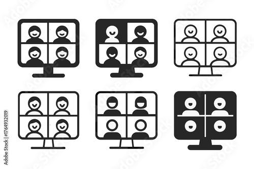 Collaborative Workspace Logos. Hybrid workspaces. Set Logo of video collaboration: tablet with grid of faces. Icon set. harmonious logo variations of the same