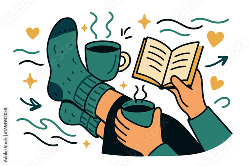 Cozy Lifestyle Illustration. Socks. Cozy socks on a person relaxing with coffee and book, abstract floating lines, sparkles, and hearts; emphasizes comfort,