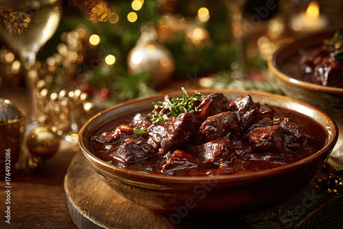 Rustic French venison stew with red wine for cozy Christmas celebration