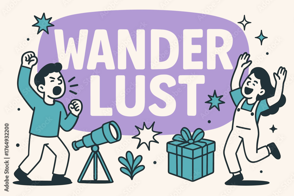 Obraz premium Wanderlust Celebration Banner. Wanderlust banner, flat vector illustration, bold oversized text inside rounded blob, cartoon characters shouting and dancing,