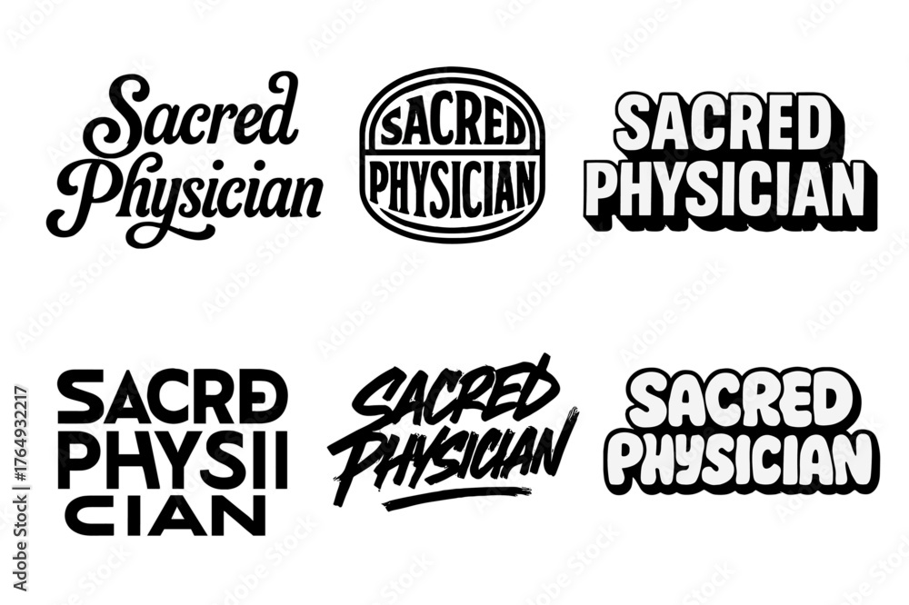 Fototapeta premium Sacred Physician Lettering. Sacred Physician. Set lettering. harmonious lettering variations of the same emblematic concept (Whimsical curly type