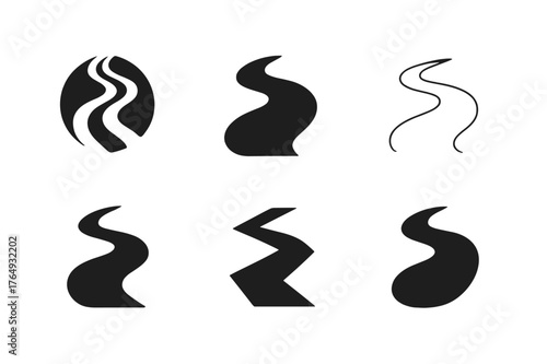 River Flow Logos. Graphic design trends ? nature-inspired design. Set Logo of river flow: winding water path. Icon set. harmonious logo variations of the same