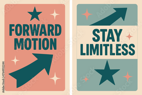 Retro Motivation Banners. Forward motion. Two vertical A6 banners with safe margins, centered composition, no elements touching edges, retro, pink and teal,