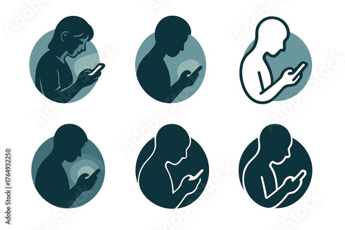 Social Media Logos. Checking social media one last time. Set Logo of Checking social media one last time: a person silhouette scrolling a phone under dim