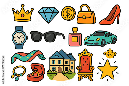 Wealth Symbols Doodle. wealth symbols. Colorful Hand-drawn doodle Children illustration wealth symbols crown, diamond, gold coin, designer bag, high heel,