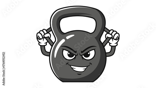 Strong Grip: An anthropomorphic kettlebell cartoon exhibits an expression of tenacity and resolve, ready for physical challenge, embodying strength and determination.
