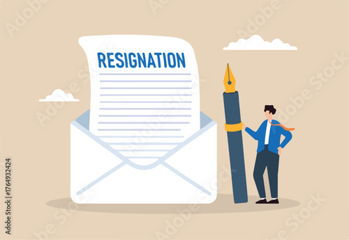 Flat illustration of professional businessman write resignation email with fountain pen career change quit job letter leave company