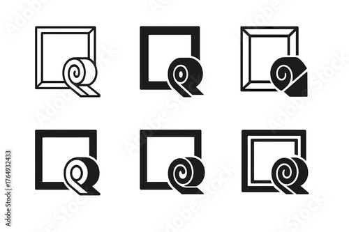 Weatherstripping Logo Designs. Sealing windows to prevent drafts. Set Logo of weatherstripping: adhesive roll sealing window corner. Icon set. harmonious logo