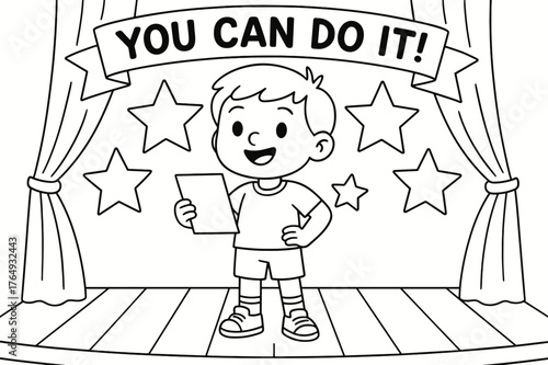 Confident Stage Performance. Stage courage children?s coloring book illustration, outlined drawing, a child standing confidently on stage while holding a