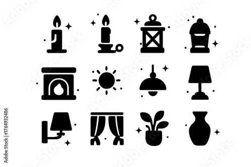 Interior Light Icons. Interior Illumination. Solid icons set of Interior Illumination: candle, candle holder, lamp, lantern, fireplace, sunlight, hanging
