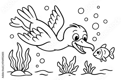 Cormorant Underwater Adventure. Cormorant diving children?s coloring book illustration, outlined drawing, a cheerful cormorant underwater chasing fish with