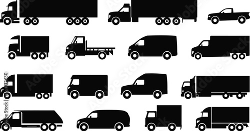 Truck, van, silhouette, commercial vehicle, cargo transport, delivery fleet, logistics, utility truck, pickup, flatbed, box truck, trailer, semi-truck, transportation, black 