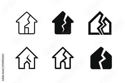 Fractured House Logos. Property damage risk. Set Logo of Property damage risk: house with fracture line. harmonious logo variations of the same emblematic
